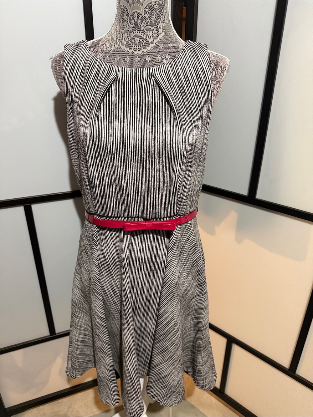 Elle Black and White Striped Sleeveless Fit-and-Flare Dress with Pink Belt